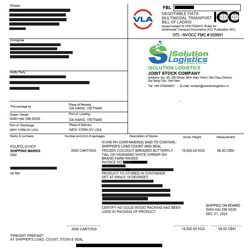 FIATA multimodal transport bill of lading issued by iSolution Logistics, OTI-NVOCC FMC 033501, personal details redacted
