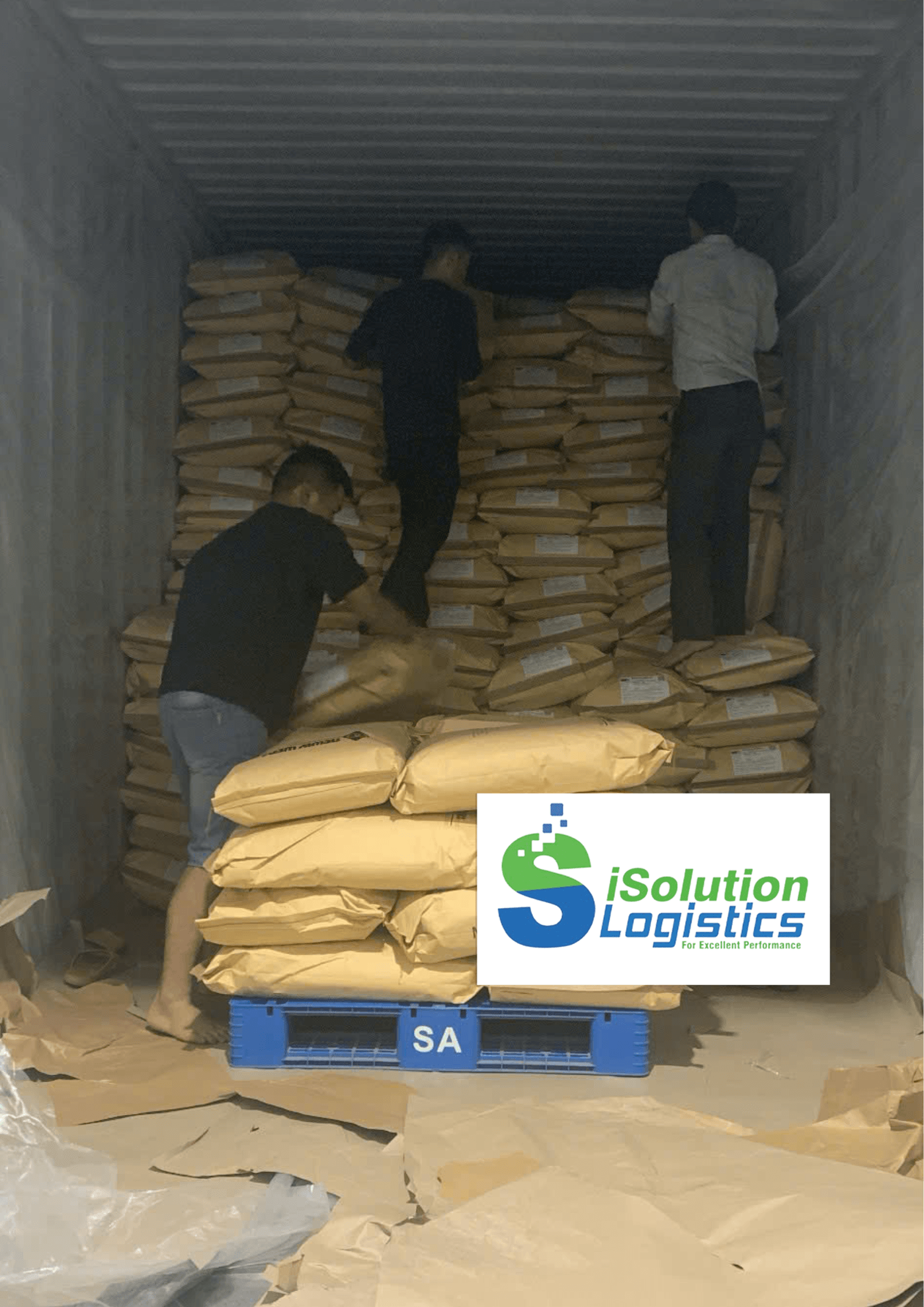 Workers loading sacks into a container, iSolution Logistics